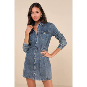 Lulus Trendy Approach Medium Wash Button-front Long Sleeve Denim Dress - Size M